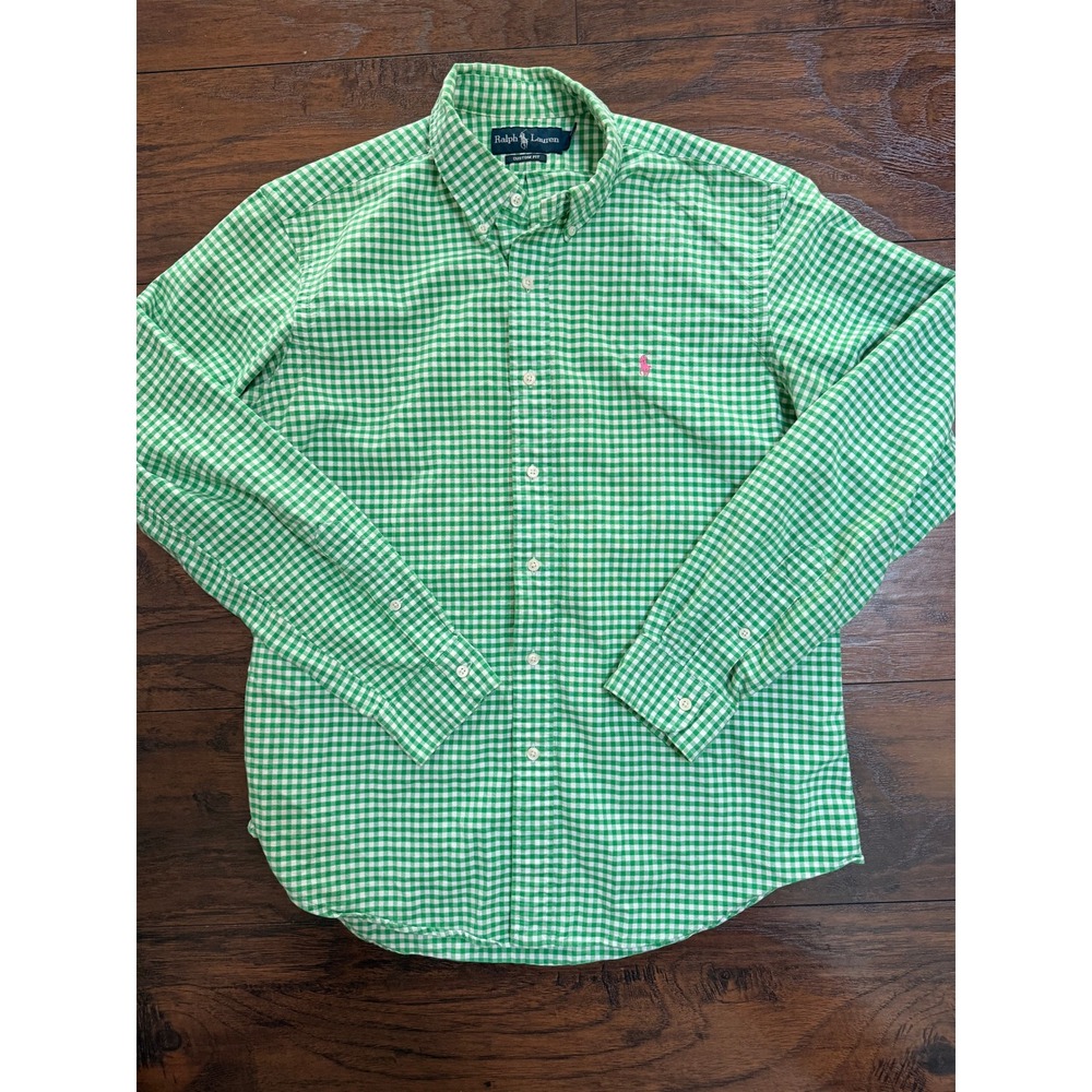 Ralph Lauren Mens Custom Fit Gingham Button Down Shirt Green White Large L